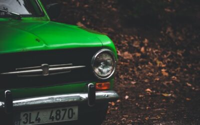 Vintage green car parked on a forest floor covered with fallen leaves, symbolizing nostalgia and the intersection of traditional and modern business strategies in LLM visibility optimization.